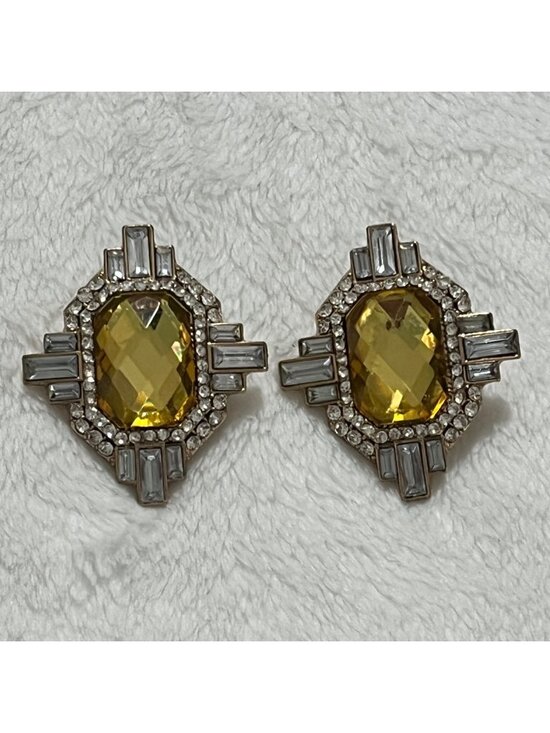 Jewelry - Art Deco Style Yellow Glass & Rhinestone Earrings Gold Tone pierced post